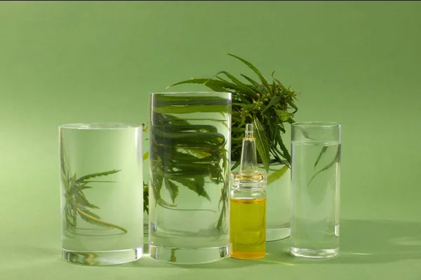3 verres d'eau, une petite bouteille d'huile, des feuilles de chanvre sur fond vert