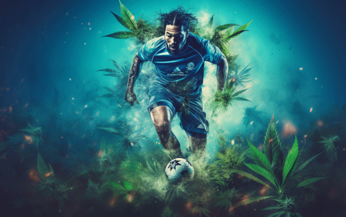 Un joueur de football talentueux en action, entouré de plantes de marijuana luxuriantes en arrière-plan.
