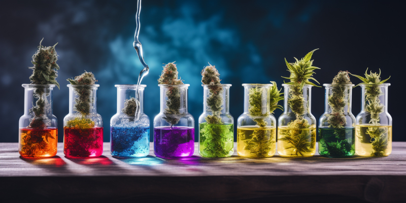 diverses feuilles de cannabis de différentes couleurs dans des tubes à essai