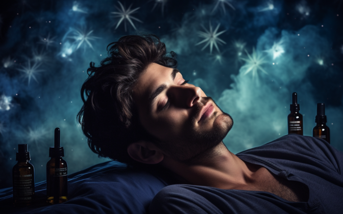 Un homme dormant paisiblement entouré de bouteilles d'huiles, créant une atmosphère sereine et relaxante.