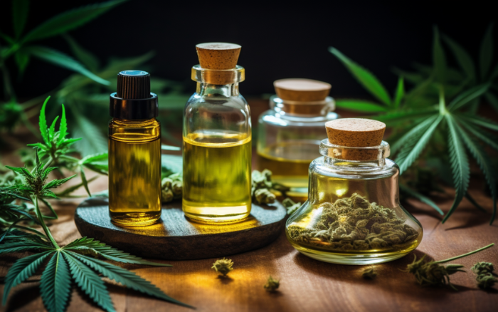 Huile de cannabis et feuilles de marijuana sur une table en bois - une combinaison naturelle et végétale pour un usage thérapeutique potentiel.