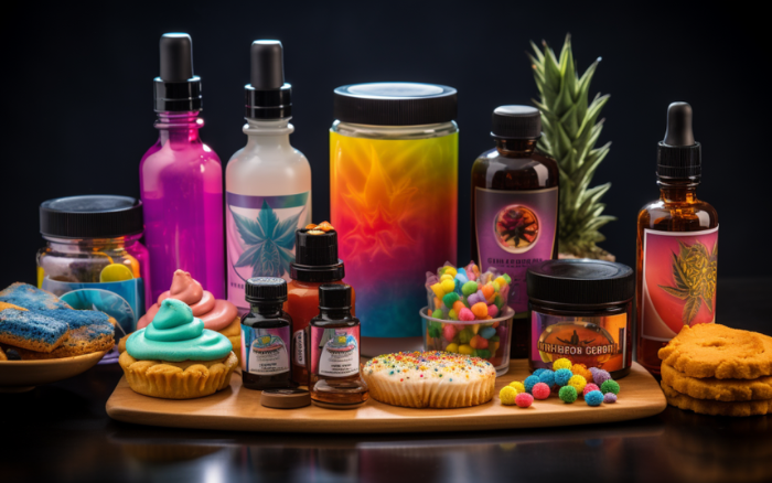 Divers produits de cannabis sur une table, présentant différents arômes