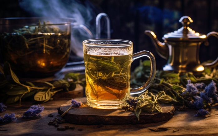 Un verre rafraîchissant de thé au cbd avec des fleurs de chanvre, assis sur une table pour profiter d'une boisson calmante et aromatique.