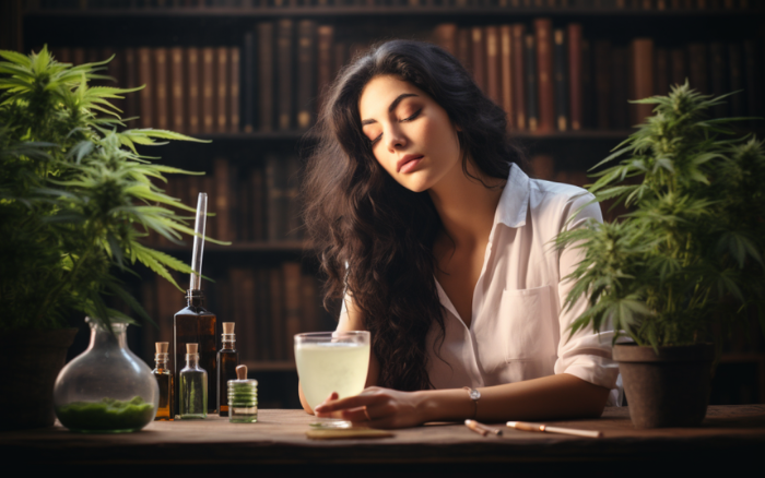 Une femme dégustant un verre de vin infusé au cbd à une table entourée de plantes à cbd, créant une atmosphère relaxante et sereine.