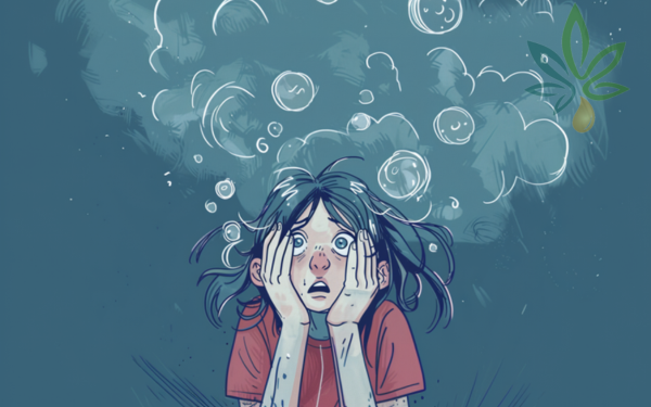 Une fille assise sur le sol avec des bulles flottant au-dessus de sa tête