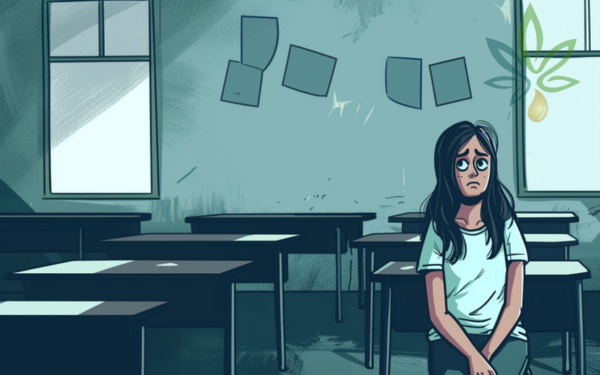 Illustration d'une jeune fille assise à un bureau d'école avec un tableau noir derrière elle.