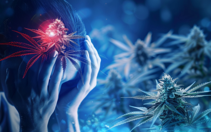 Une femme, les mains sur la tête, debout près d'un plant de marijuana à l'arrière-plan.
